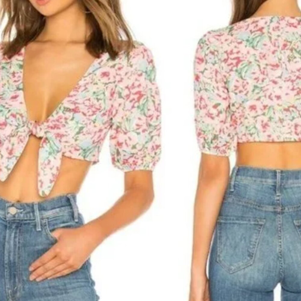 LPA Tie Front Top With Puff Sleeves - Pink Blooms - Size S